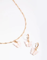 Pink Butterfly Necklace & Huggie Hoop Earrings