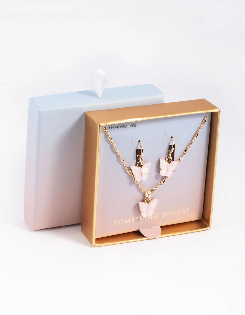 Pink Butterfly Necklace & Huggie Hoop Earrings