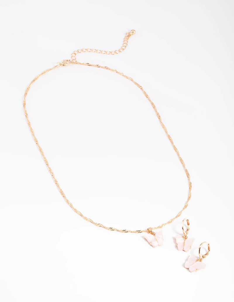 Pink Butterfly Necklace & Huggie Hoop Earrings
