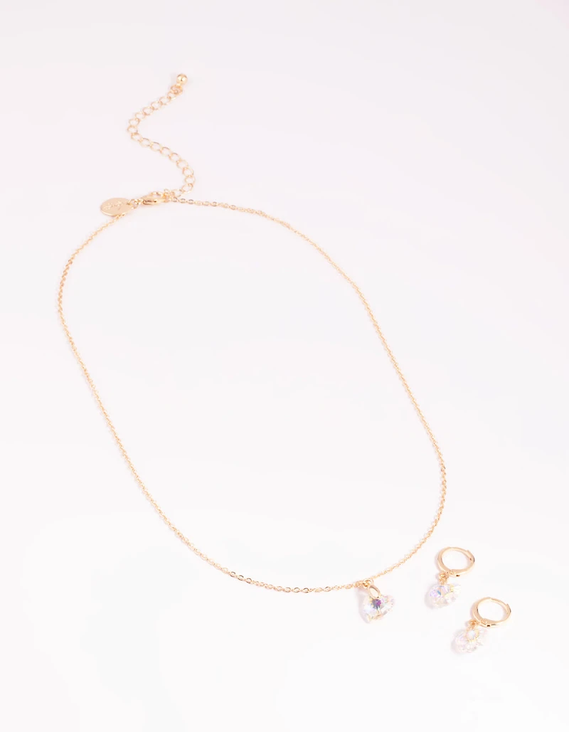 Iridescent Diamante Heart Necklac eand Huggie Hoop Earrings