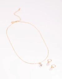 Iridescent Diamante Heart Necklac eand Huggie Hoop Earrings