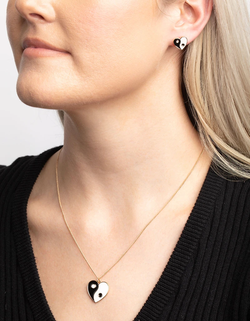 Black & White Yin Yang Necklace & Stud Earrings