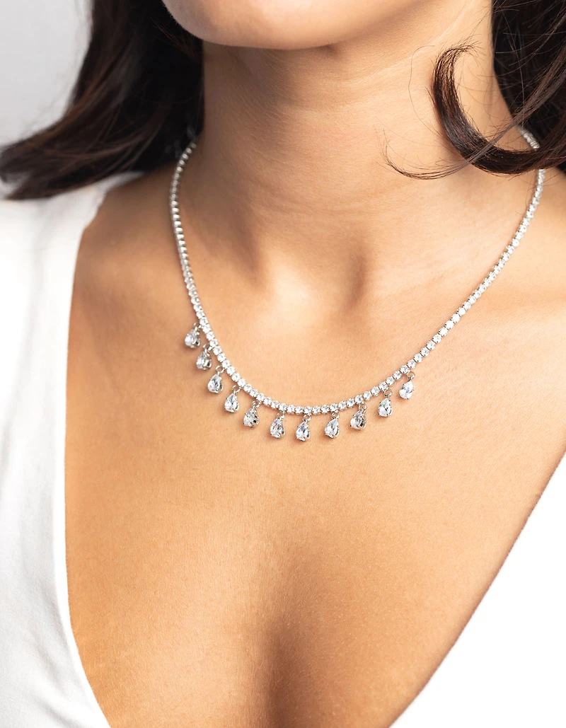 Silver Diamond Simulant Teardrop Necklace