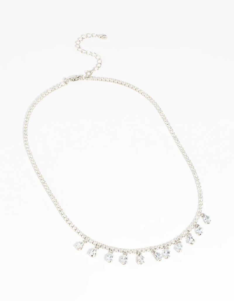 Silver Diamond Simulant Teardrop Necklace