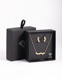 Gold Diamond Simulant Flower Necklace & Earrings Set