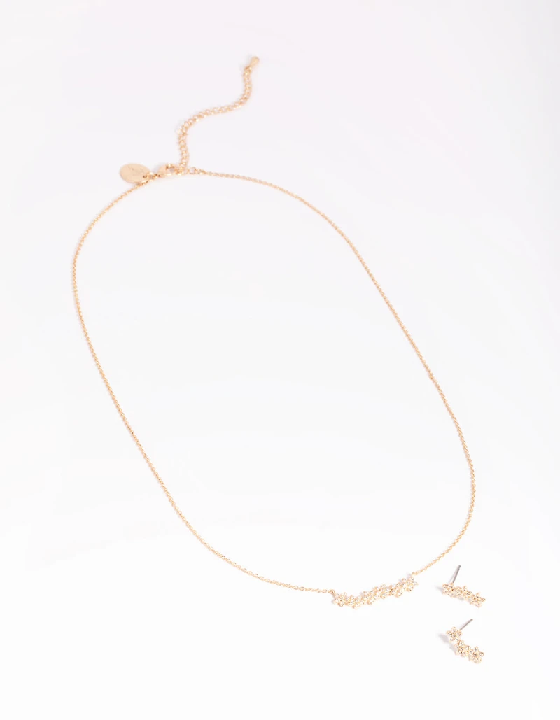 Gold Diamond Simulant Flower Necklace & Earrings Set