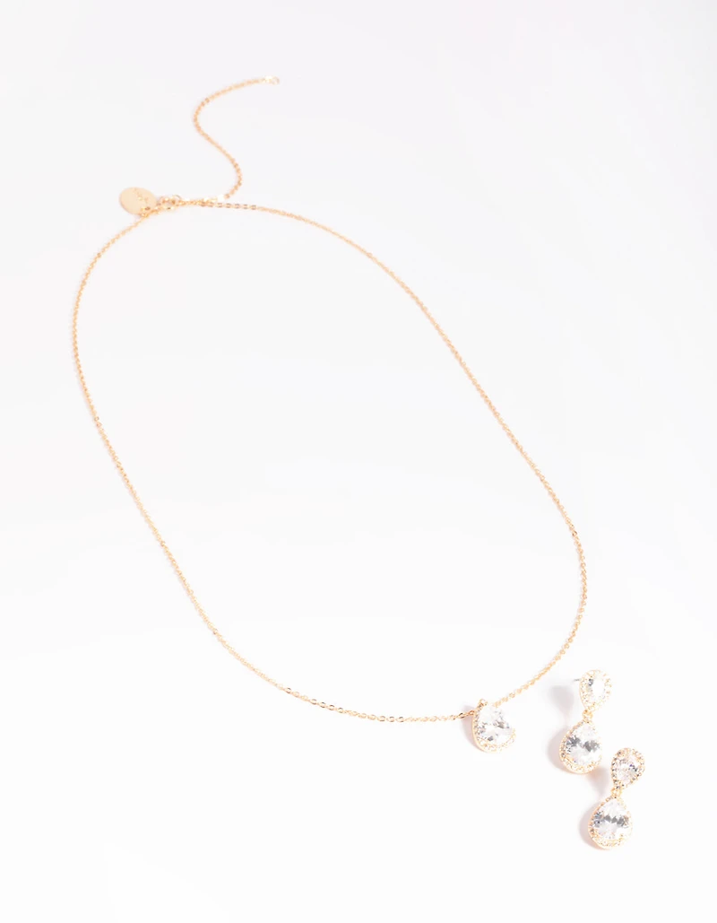 Gold Diamond Simulant Necklace & Earrings Set