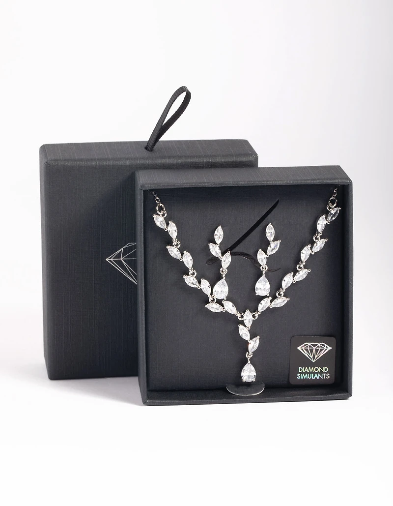 Silver Diamond Simulant Vine Necklace & Earrings Set