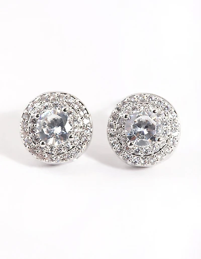 Silver Cubic Zirconia Round Halo Stud Earrings