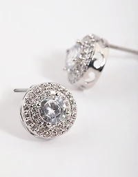 Silver Cubic Zirconia Round Halo Stud Earrings