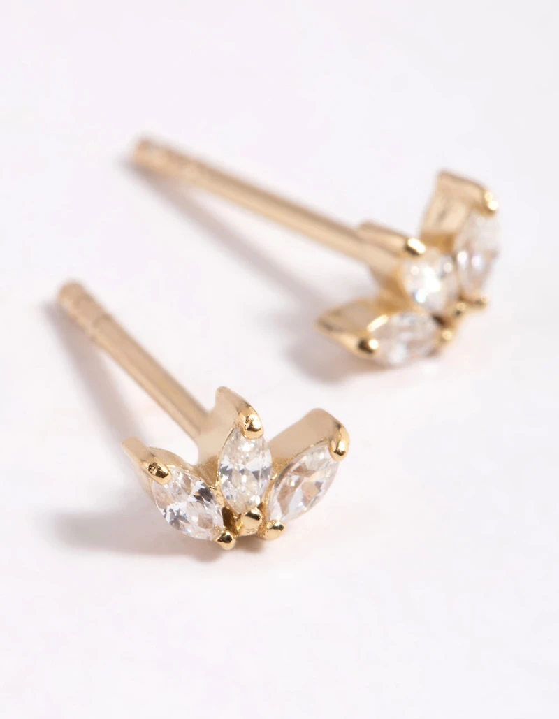 Gold Plated Sterling Silver Cubic Zirconia Leaf Stud Earrings