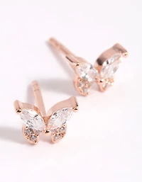 Rose Gold Plated Sterling Silver Cubic Zirconia Butterfly Stud Earrings