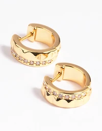 Gold Plated Cubic Zirconia Textured Huggie Hoop Earrings