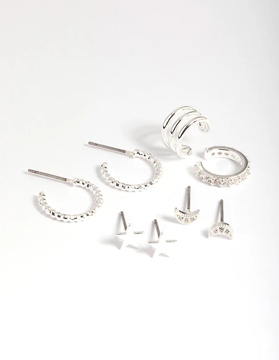 Silver Plated Brass  Star & Moon Stud Earring 8-Pack