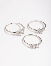 Silver Plated Cubic Zirconia Cluster Ring Stack Pack