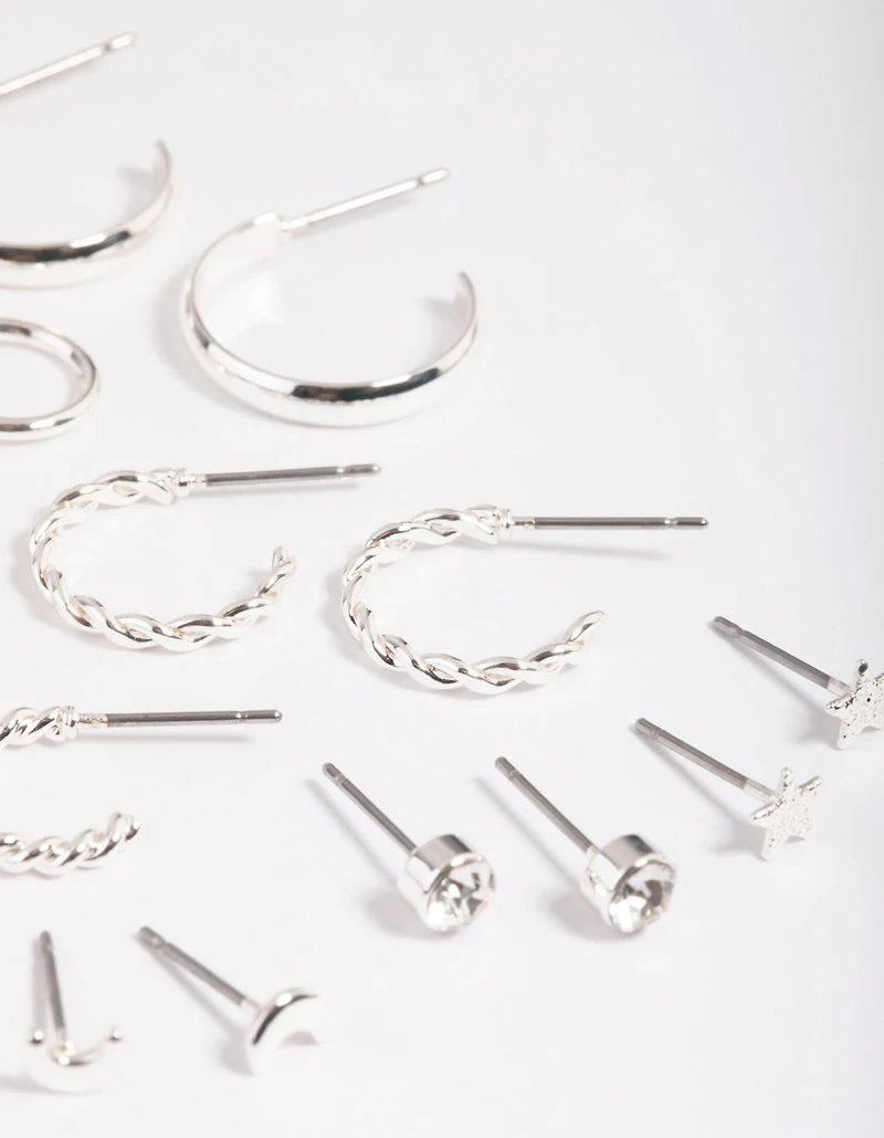 Silver Celestial Stud & Hoop Earring 8-Pack