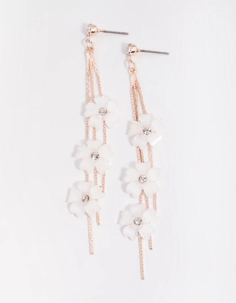 Rose Gold White Flower Drop Earrings