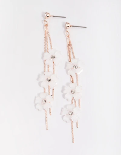 Rose Gold White Flower Drop Earrings