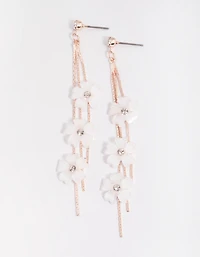 Rose Gold White Flower Drop Earrings