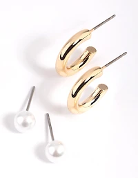 Gold Pearl & Plain Hoop Earring Pack
