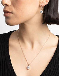 Rose Gold Cubic Zirconia Cushion Necklace & Earrings Set