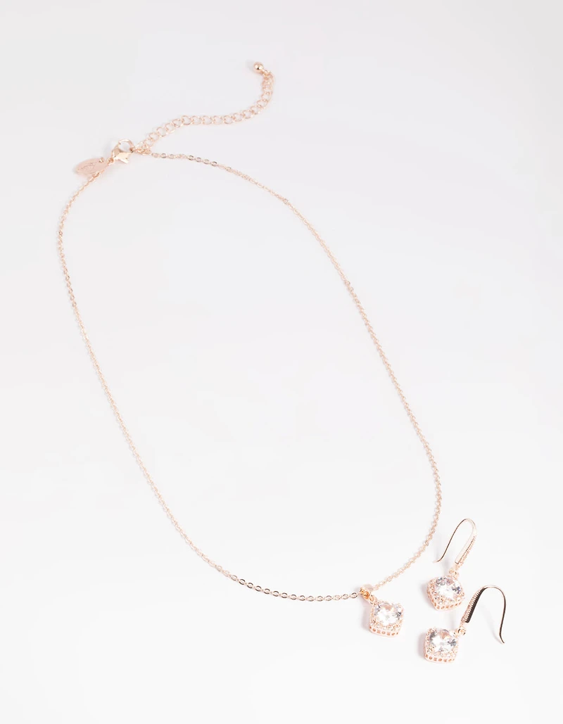 Rose Gold Cubic Zirconia Cushion Necklace & Earrings Set