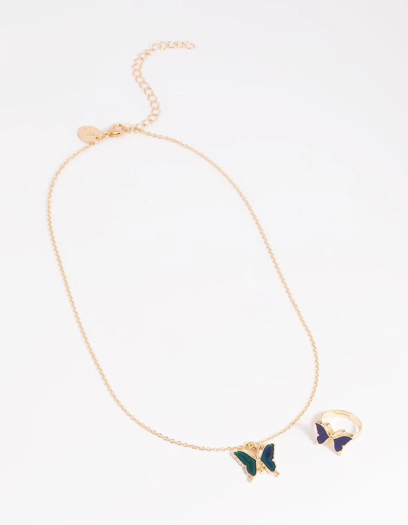 Kids Butterfly Mood Necklace & RIng Set
