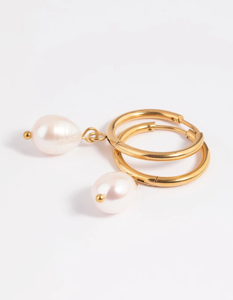 Waterproof Gold Plated Stainless Steel Freshwater Pearl Thin Huggie Hoop Earrings