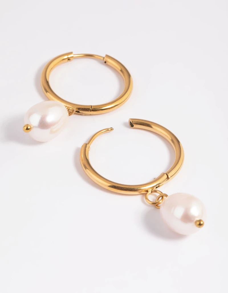 Waterproof Gold Plated Stainless Steel Freshwater Pearl Thin Huggie Hoop Earrings