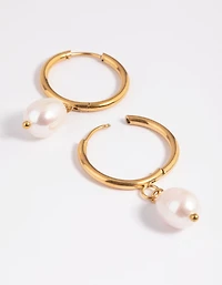 Waterproof Gold Plated Stainless Steel Freshwater Pearl Thin Huggie Hoop Earrings