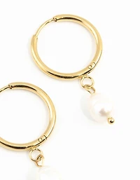 Waterproof Gold Plated Stainless Steel Freshwater Pearl Thin Huggie Hoop Earrings