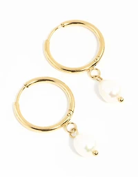 Waterproof Gold Plated Stainless Steel Freshwater Pearl Thin Huggie Hoop Earrings