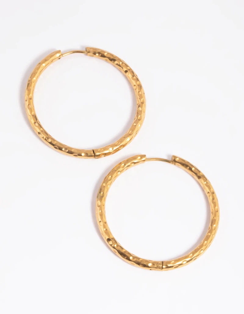 Gold Plated Stainless Steel Textured Large Huggie Hoop Earrings