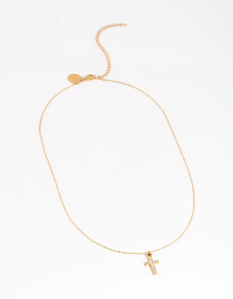 Waterproof Gold Plated Stainless Steel Cubic Zirconia Cross Necklace