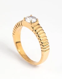 Waterproof Gold Plated Stainless Steel Line Detail Cubic Zirconia Ring