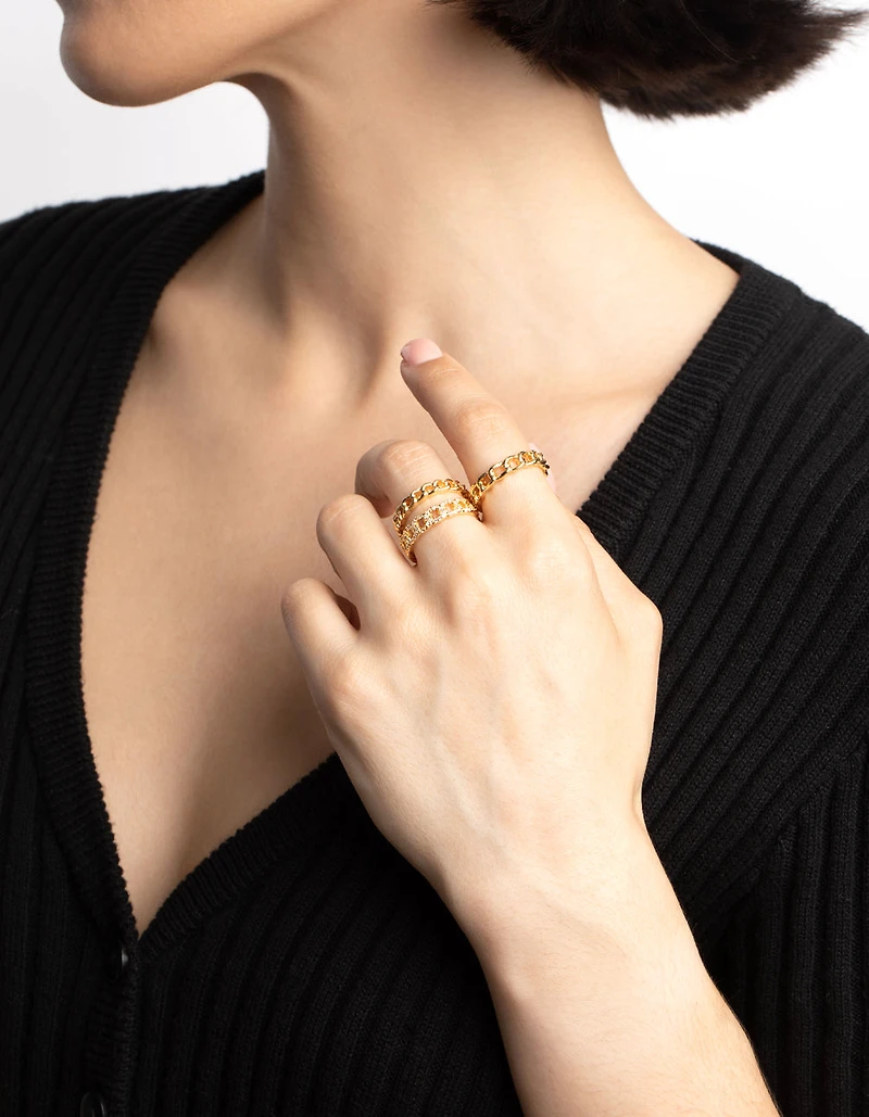 Gold Plated Cubic Zirconia Chain Ring Pack