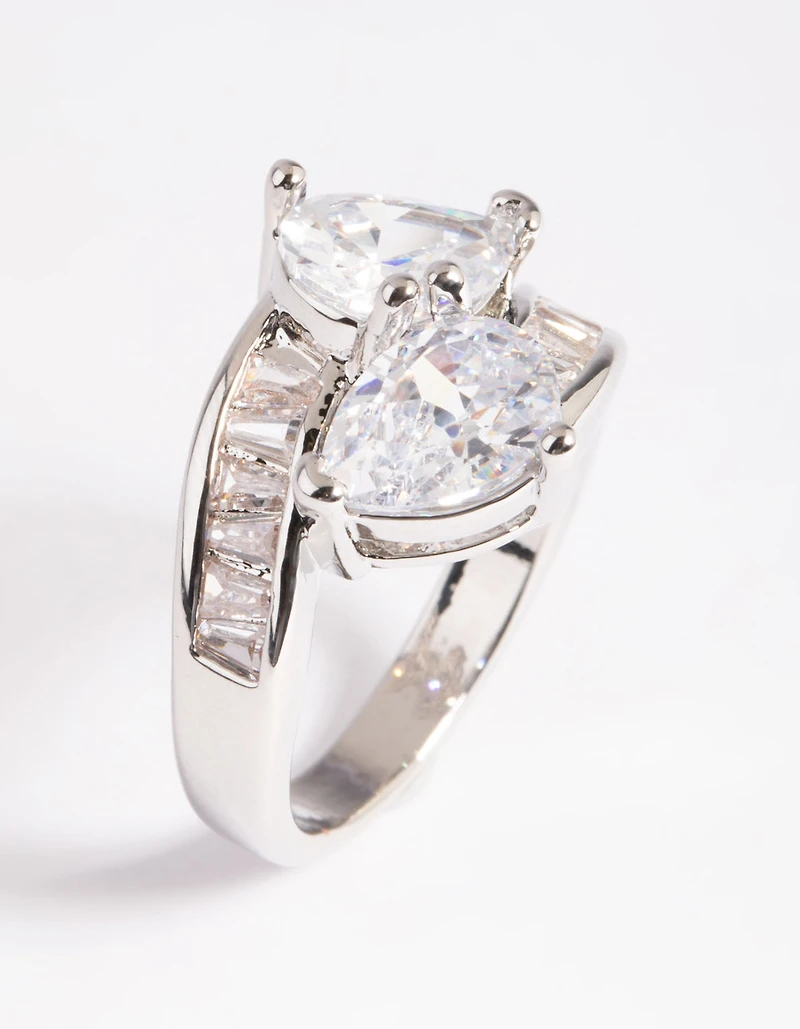 Rhodium Cubic Zirconia Pear Cross Over Ring