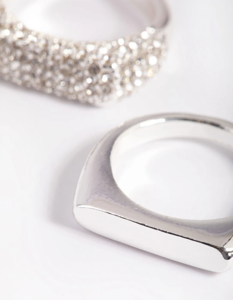 Silver Plated Diamante Smooth Ring Set