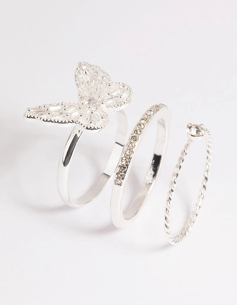 Silver Cubic Zirconia Butterfly Ring Stack Pack