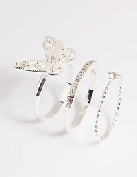 Silver Cubic Zirconia Butterfly Ring Stack Pack