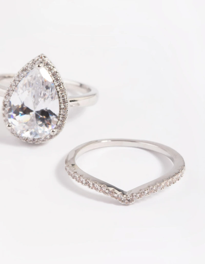 Silver Cubic Zirconia Pear Halo Ring Stack Pack