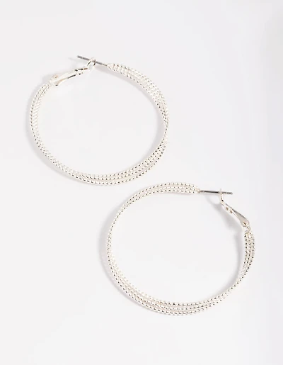 Silver Textured Criss Cross Hoop Earrings