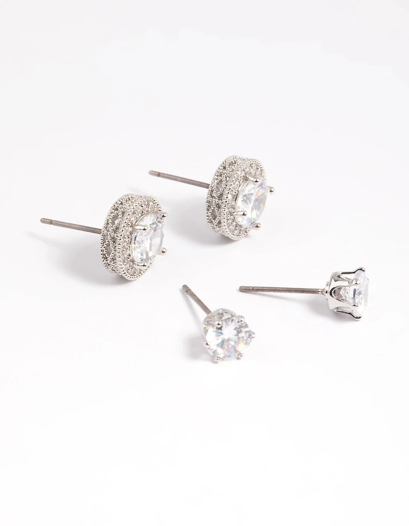 Silver Diamond Simulant Stud Earring Set