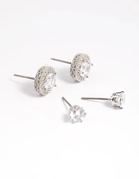 Silver Diamond Simulant Stud Earring Set