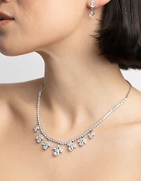 Silver Diamond Simulant Flower Necklace & Earrings Set
