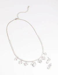 Silver Diamond Simulant Flower Necklace & Earrings Set