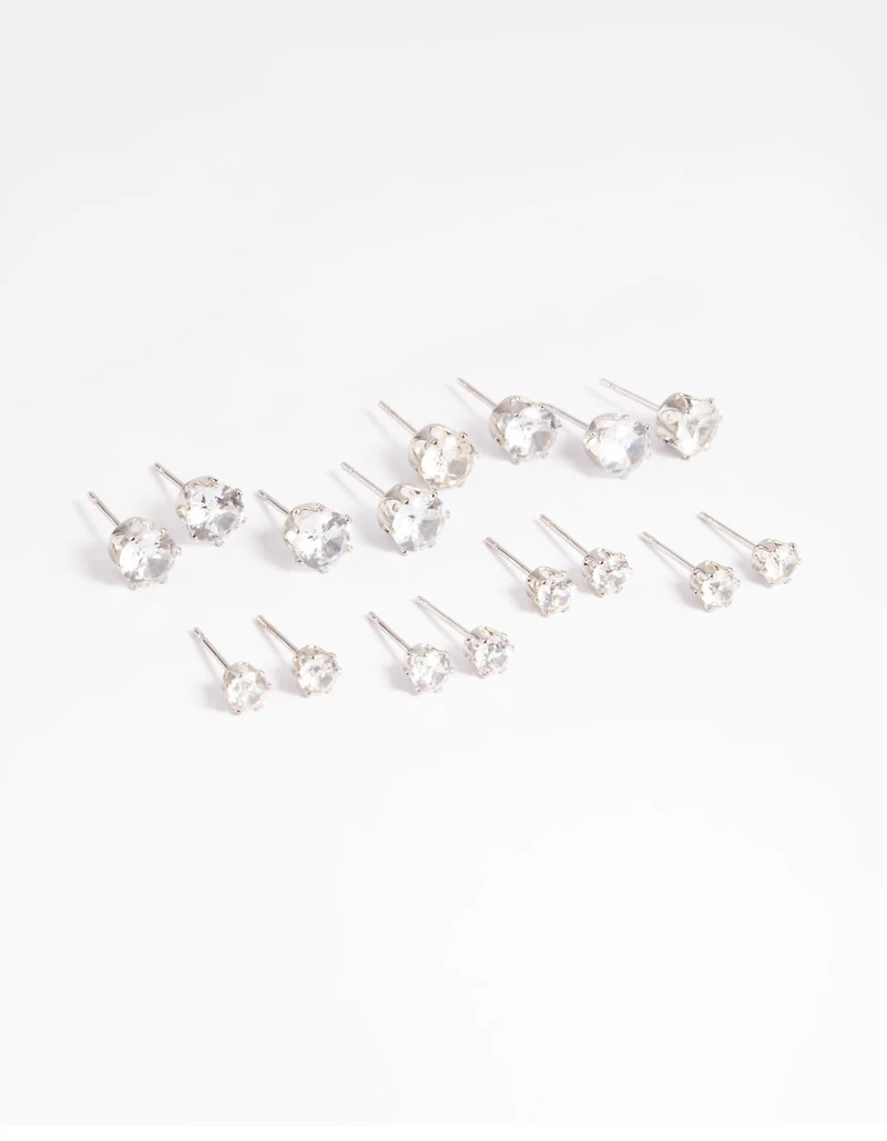 Silver Diamante Classic Stud Earring 8-Pack