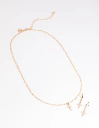 Gold Diamond Cross Earrings & Necklaces Giftbox