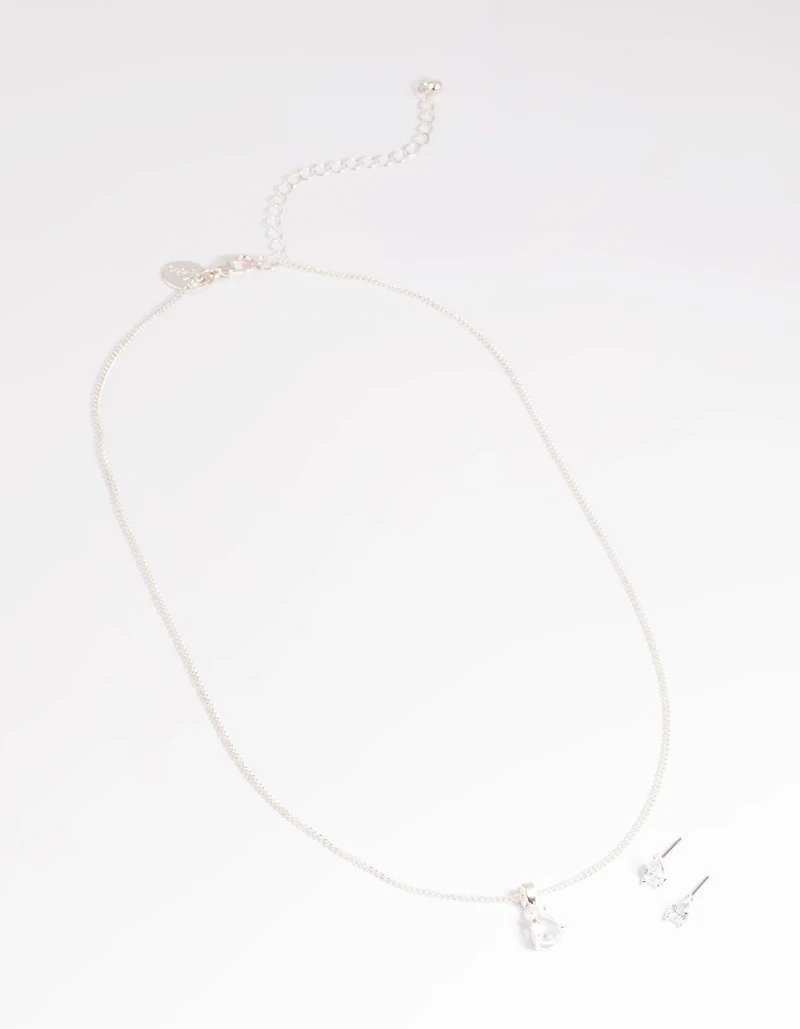 Silver Pear Solitaire Earrings & Necklace Giftbox