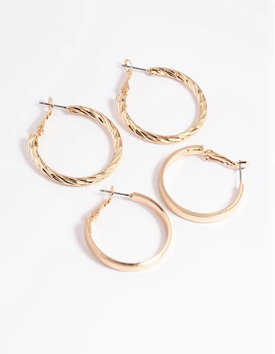 Gold Wide Textured Hoop Earring Set